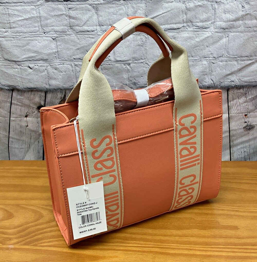 Cavalli Class Women's Pink Logo Tote Top Handle Beige Canvas Strap Detachable